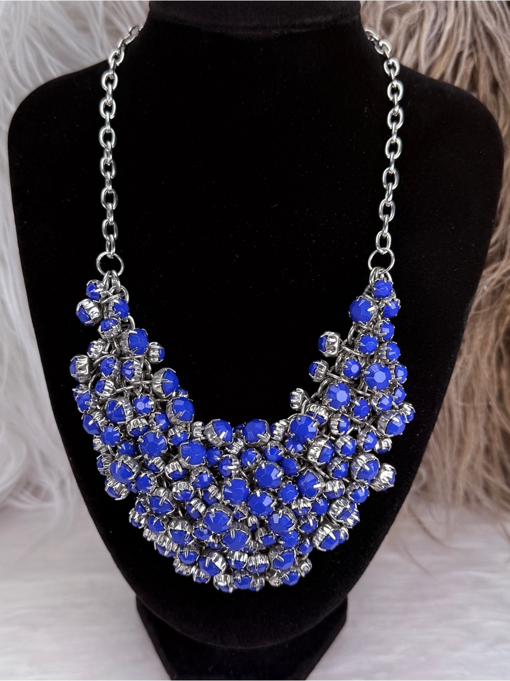 Vintage Cobalt Blue Faceted Cluster Bib Statement Necklace Silver Tone